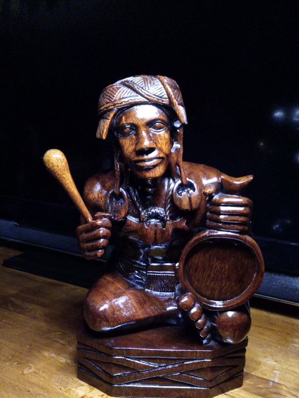 Vintage 18" Igorot Tribal Drummer Carving - Solid Narra Wood Mid Century Modern
